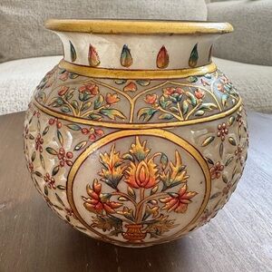 Marble Hand-Painted Floral Decorative Vase in Cream and Gold